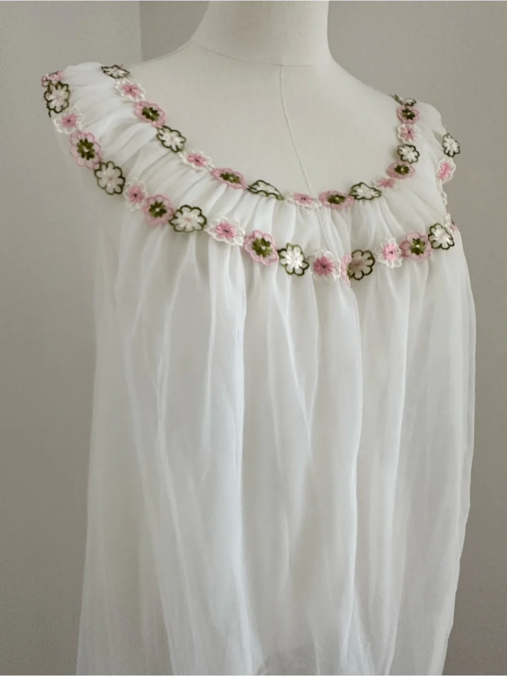 Vintage White Sheer Chiffon Chemise with Pink & Green Floral Trim #081